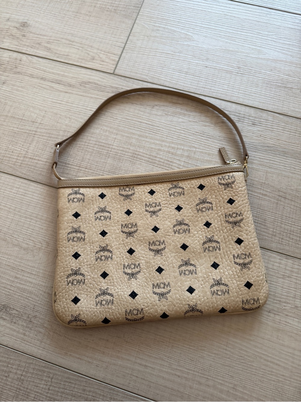MCM Beige Visetos Logo Wristlet Clutch